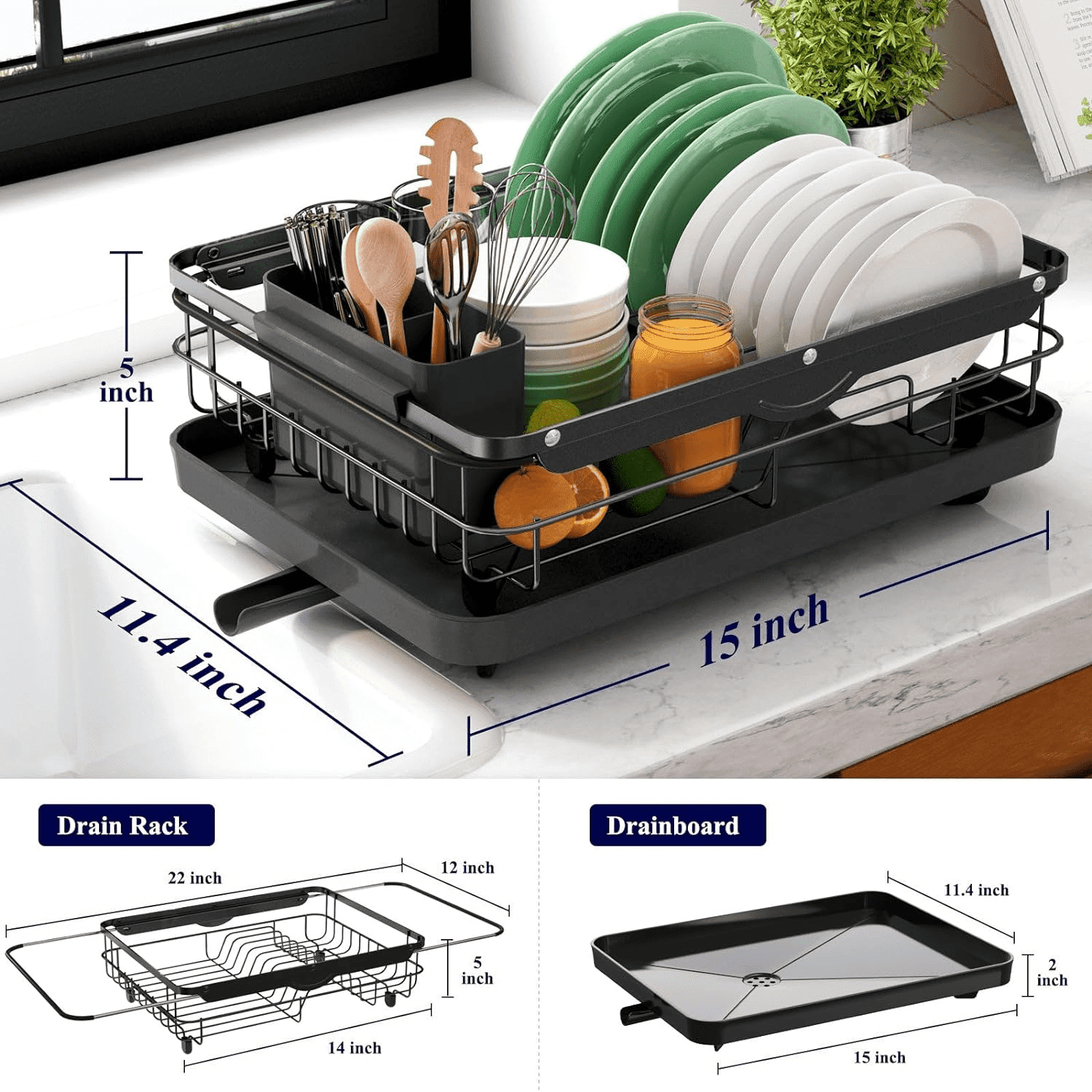 Black Stainless Steel Dish Drying Rack with Utensil Cup