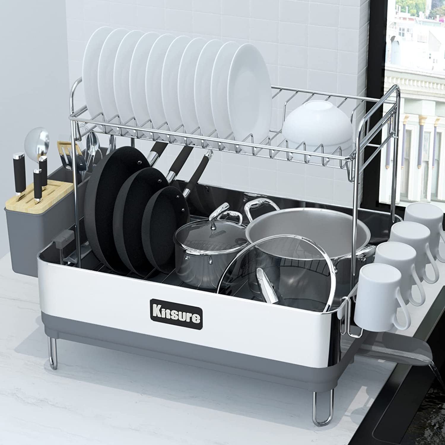 Kitsure Dish Drying Rack - Large-Capacity Dish Rack for Kitchen Counter,  Rust-Proof Dish Drainer, 2-Tier Kitchen Dish Drying Rack for Dishes,  Knives