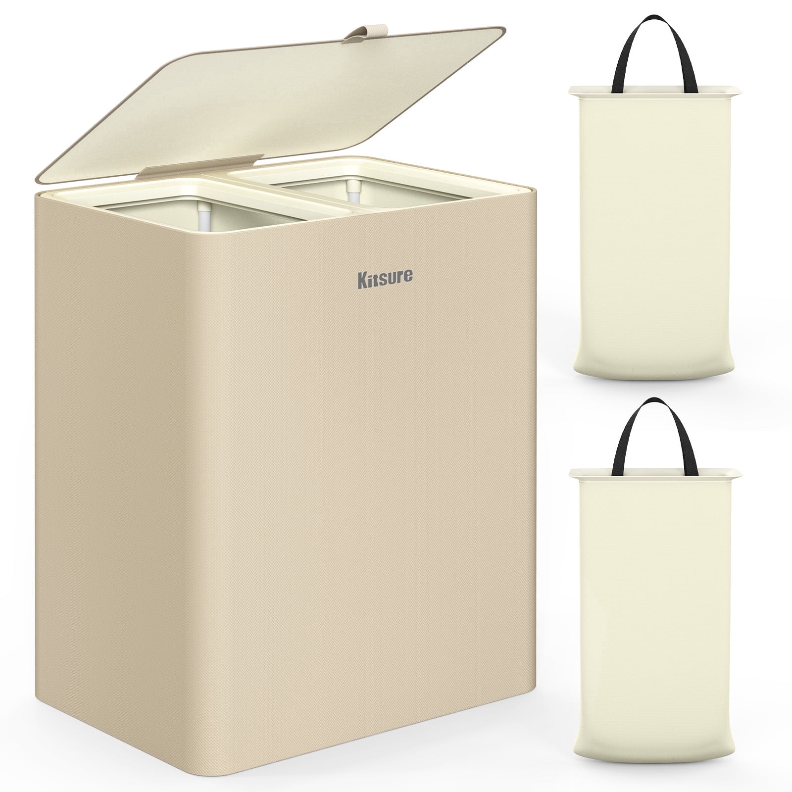 Kitsure 100L Laundry Basket with Lid, 2-Compartment Laundry Hamper with Removable Laundry Bags, White Clothes Hamper for Bathroom, Bedroom & Laundry Room