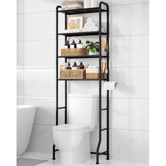Kitsure Over the Toilet Storage, 4-Tier Bathroom Oragnizer with Paper Holder and Hooks, Black, 24" x 12.5" x 74"
