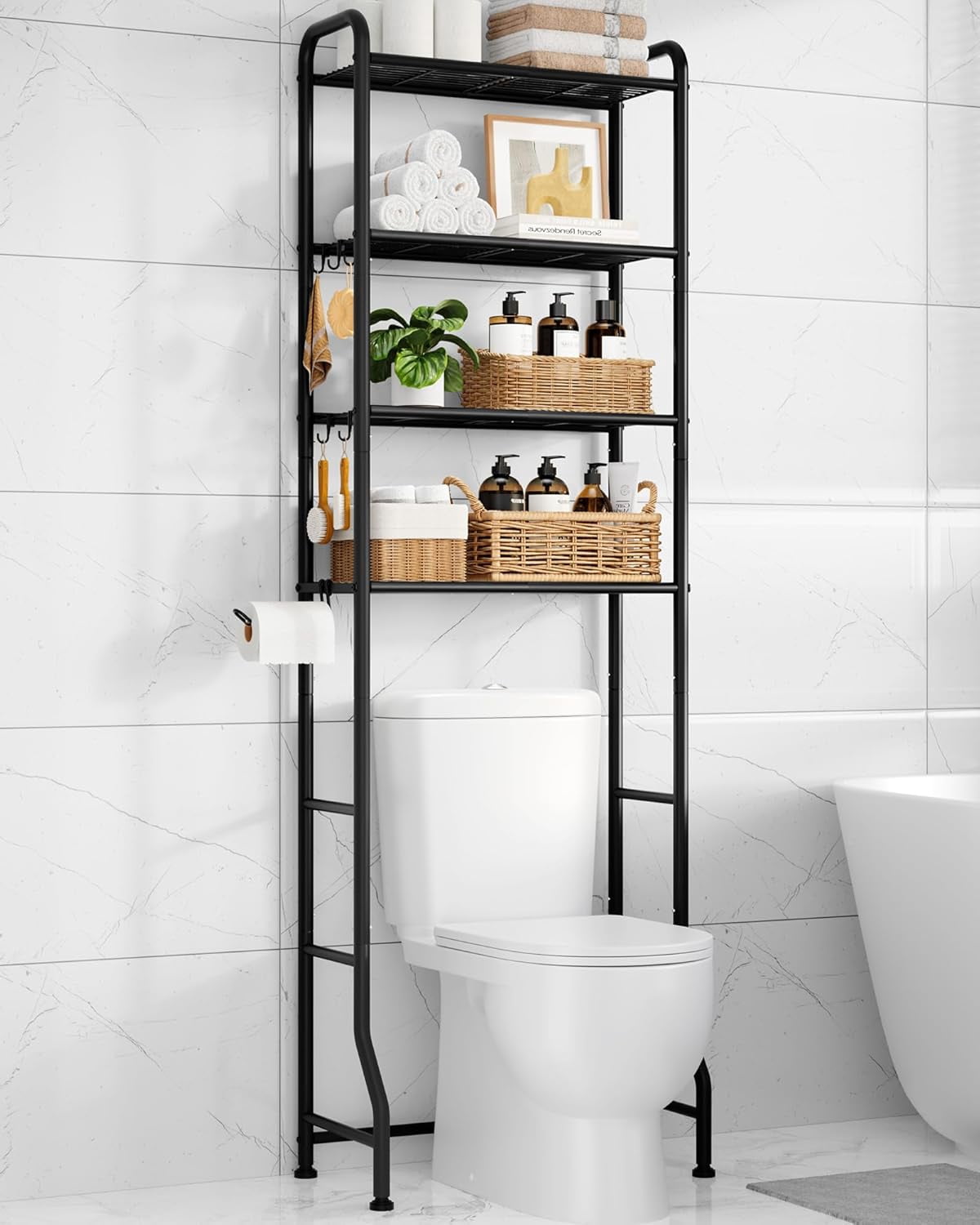 Kitsure Over the Toilet Storage, 4-Tier Bathroom Oragnizer with Paper Holder and Hooks, Black, 24" x 12.5" x 74"
