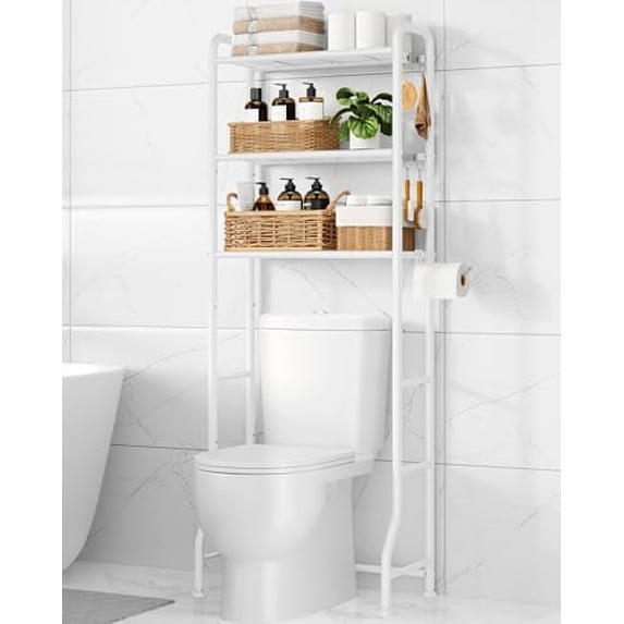Kitsure Over the Toilet Storage, 3-Tier Bathroom Oragnizer with Paper Holder and Hooks, White, 24" x 12.5" x 63"