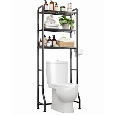 Kitsure Over the Toilet Storage, 3-Tier Bathroom Oragnizer with Paper Holder and Hooks, Black, 24" x 12.5" x 63"