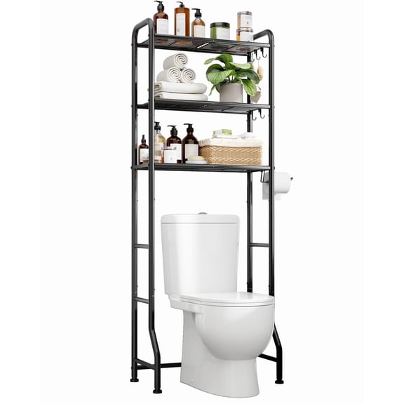 Kitsure Over the Toilet Storage, 3-Tier Bathroom Oragnizer with Paper Holder and Hooks, Black, 24" x 12.5" x 63"