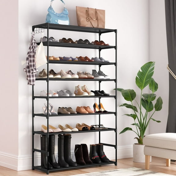 Kitsure 9-Tier Stackable Shoe Rack, 32 in DIY Shoe Organizer with Non-Woven Fabric, Black