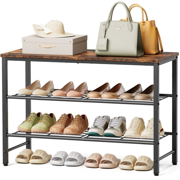 Kitsure 3-Tier Metal Shoe Rack with Wooden Top, Sturdy Shoe Organizer for Entryway, Bedroom, Closet, 29.0" x 11.4" x 18.4", Rustic Brown