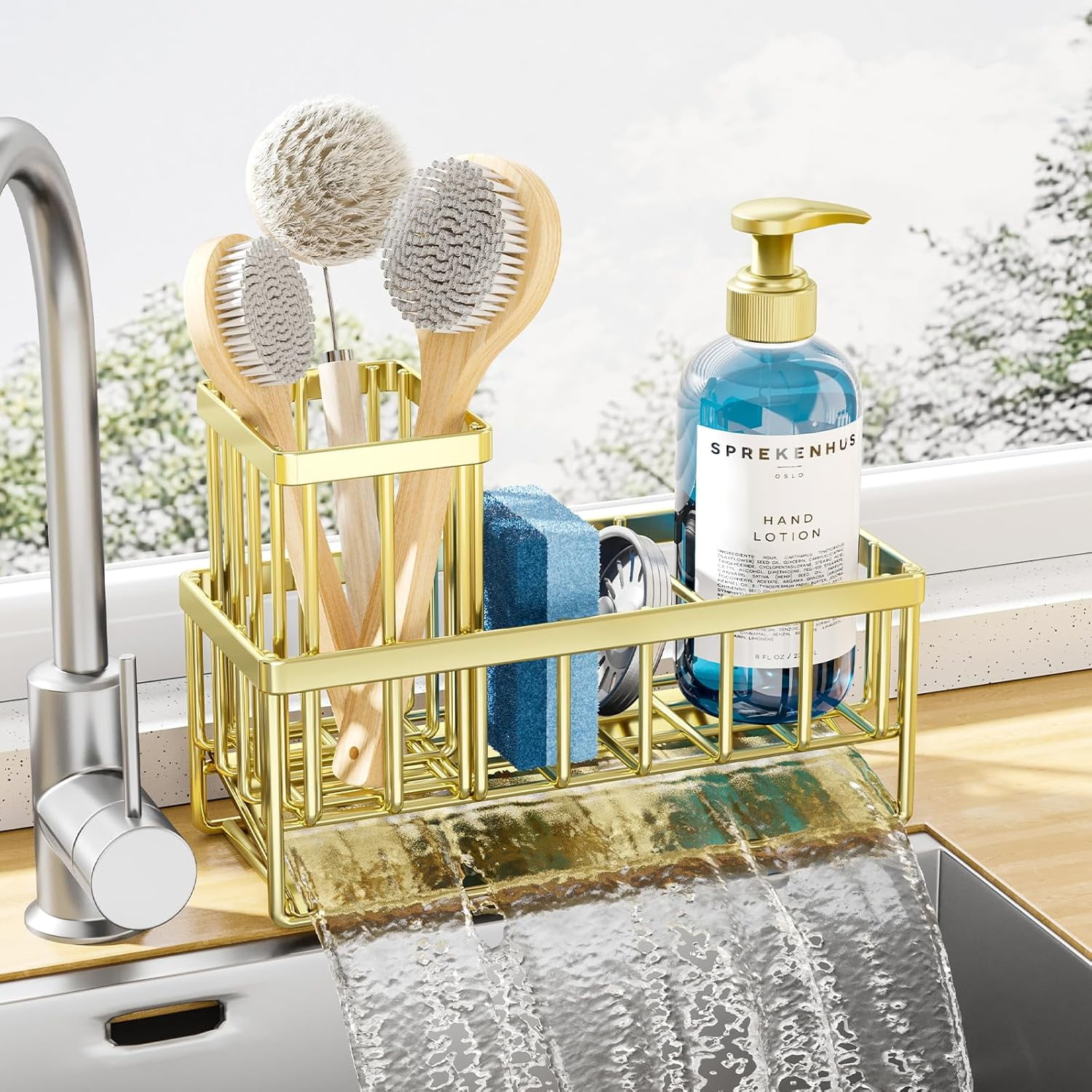 Kitsure Sponge Holder for Kitchen Sink - Rustproof Stainless Steel Sink Caddy Organization and Storage Essentials with High Brush Holder, Home Decor Accessories, 7.9" x 3.7" x 6.2", Gold