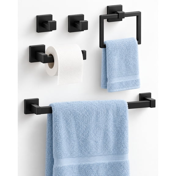 Kitsure 5-Pieces Bathroom Hardware Accessories Set, Rustproof Towel Racks for Bathroom Wall Mounted, 16" Towel Bar, Toilet Paper Holder, Ring & 2 Hooks, Matte Black