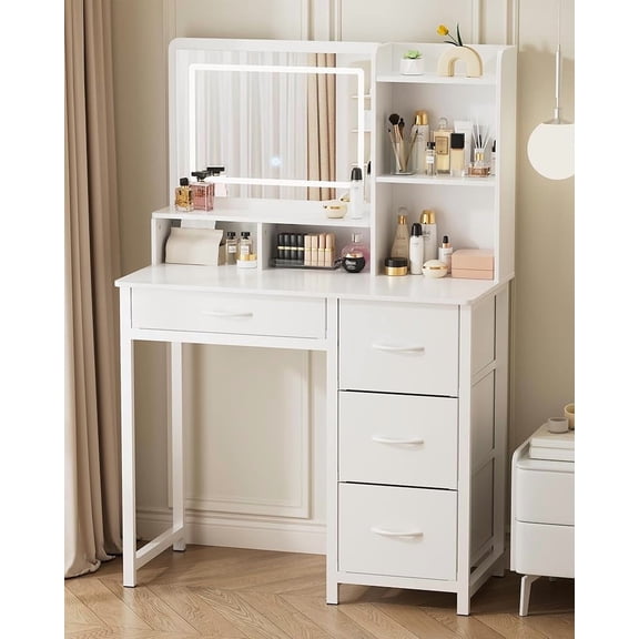 Kitsure Makeup Vanity with Mirror and Lights, White Vanity Desk with Drawers & Shelves, Versatile Small Vanity for Bedroom, 35.4" x 17.7" x 52.4"