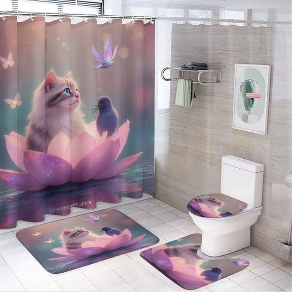 Kitten And Bird on Lotus Shower Curtain Bathroom Sets Toilet Lid Rug, Bath Mat And Contour Mat, Shower Curtain 4Pcs
