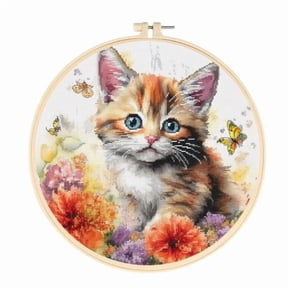Kitten and Butterfly Easy Cross Stitch Kits for Starter Kits DIY 11CT Pre-printed Stamped Patterns Embroidery Cross Stitching Needlework Kit Set Supplies with Hoop 35x35cm (a46)