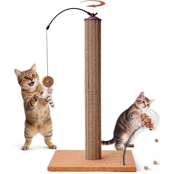 Kitten Claw Friendly Scratching Post Cork & Cardboard Mix Indoor 26" Premium Durable Nature Kittens Scratch Post Tree with Snack Ball & Feather Interactive Toys for Novice Cat Owner