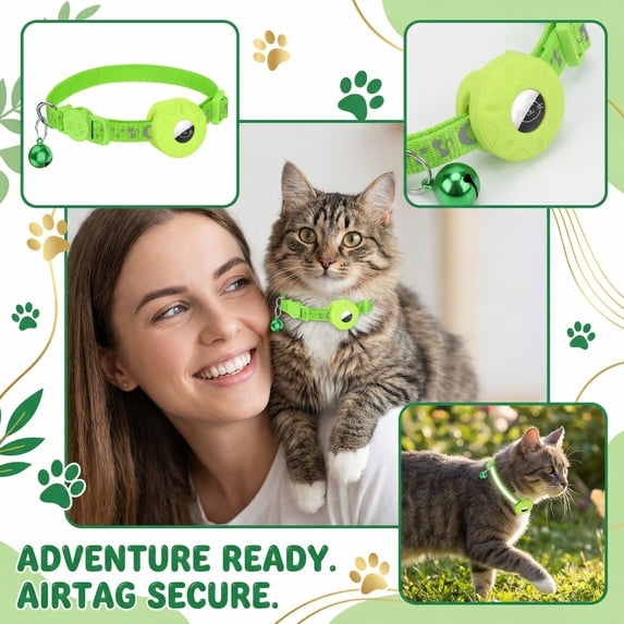 Kitten Collar Breakaway, Cat Tracking Collar, Cat Collar with Airtag Holder, Breakaway Cat Collars, Bright Green, 1 Pc