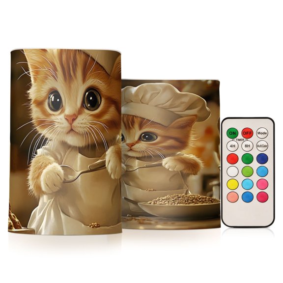 Kitten Cooking Flickering Flameless Candles Battery Operated with Remote Timer LED Pillar Candles Set of 2