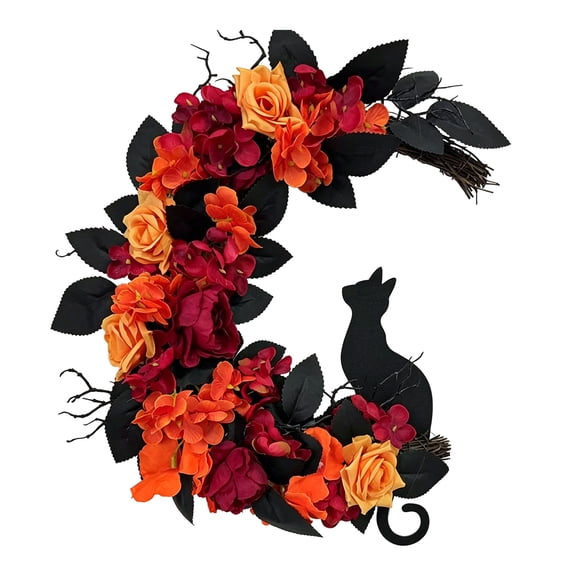 Kitten Crescent Moon Artificial Flower Wreath, Sunflower Eucalyptus Forsythia, Farmhouse Front Door Porch Wall Decor for Spring Summer Halloween