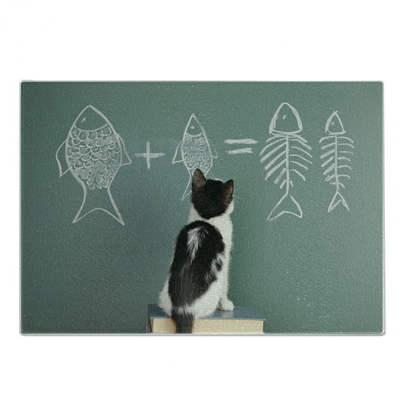 Kitten Cutting Board, Cat Doing Arithmetic with Fish Problem on a Blackboard for Kitty to Solve Fishbone, Decorative Tempered Glass Cutting and Serving Board, Small Size, Multicolor, by Ambesonne
