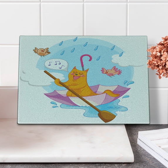 Kitten Cutting Board, Cat Under the Umbrella Sail in the Clouds and Humor Cartoon Theme, Decorative Tempered Glass Cutting and Serving Board, Small Size, Multicolor, by Ambesonne