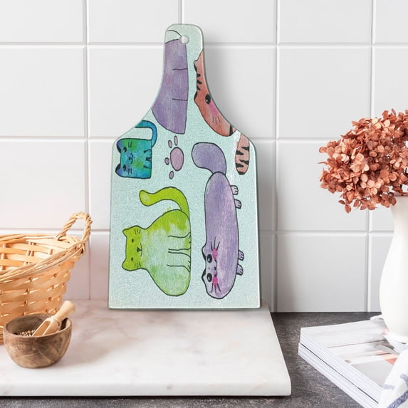 Kitten Cutting Board, Hand Drawn Colorful Cartoon Style Print Domestic Cats Pets Paws in Watercolors, Decorative Tempered Glass Cutting and Serving Board, Wine Bottle Shape, Multicolor, by Ambesonne