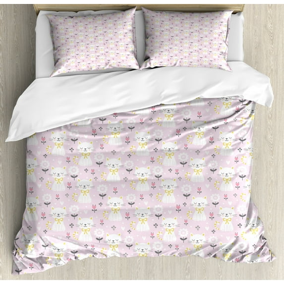 Kitten Duvet Cover Set, Flowers Cats with Striped Tails and a Ribbon, Decorative 3 Piece Bedding Set with 2 Pillow Shams, King Size, Mauve Pale Pink, by Ambesonne
