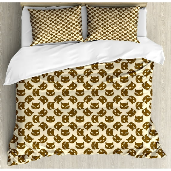 Ambesonne Kitten Duvet Cover Set, Cat Portraits with Wide Eyes, Queen, Champagne Chocolate