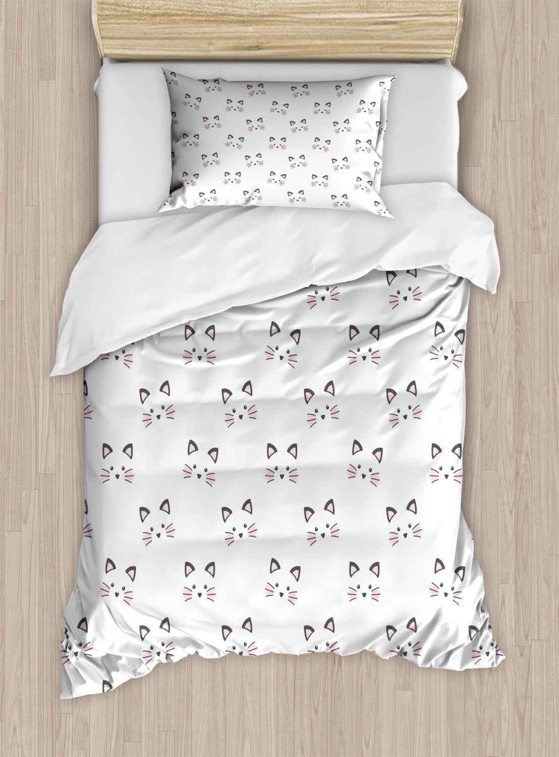 Twin White and Gray Cat Face Duvet Cover Set