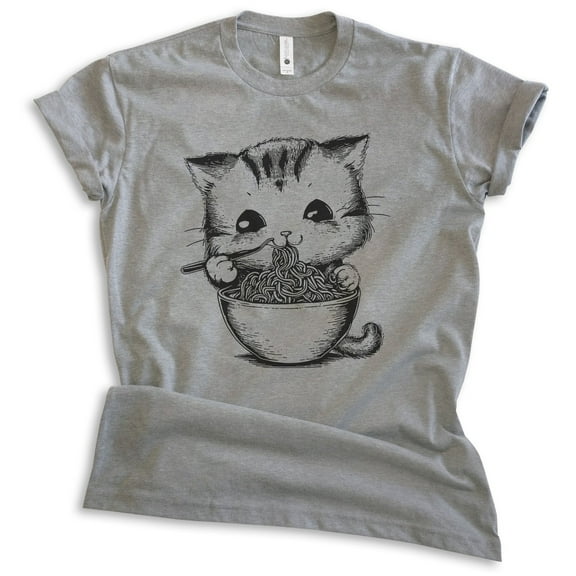 Kitten Eating Ramen T-shirt, Unisex Women's Men's Shirt, Cute Kitten Eating Ramen Noodles Funny Cat, Dark Heather Gray, Medium