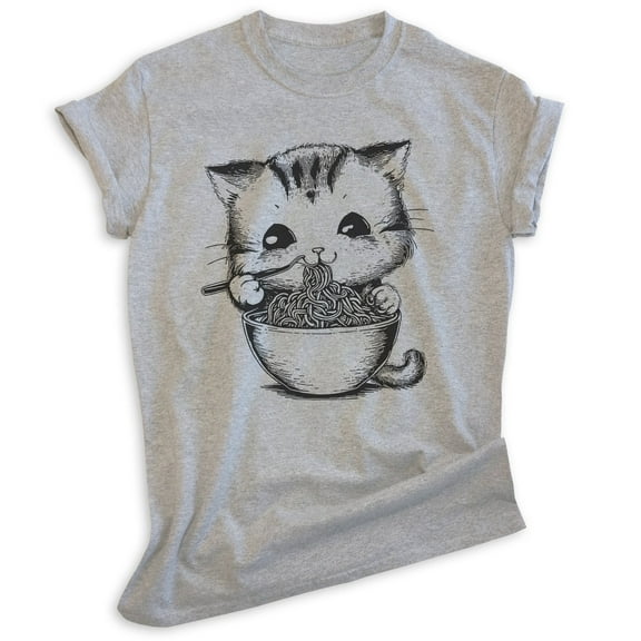 Kitten Eating Ramen T-shirt, Unisex Women's Men's Shirt, Cute Kitten Eating Ramen Noodles Funny Cat, Heather Gray, Medium