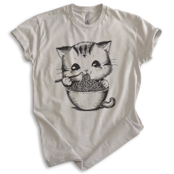 Kitten Eating Ramen T-shirt, Unisex Women's Men's Shirt, Cute Kitten Eating Ramen Noodles Funny Cat, Light Silk Gray, Small