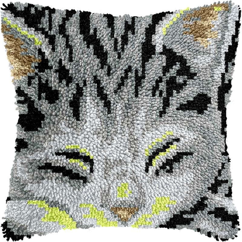 Kitten Face Latch Hook Pillow Kits Pillow Cover with Pattern Printed Canvas Crochet Cross Hooking Pillowcase Cushion Crafts Embroidery Latch Hooking Crochet Kits 17x17 inch(56)