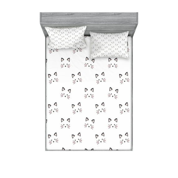 Kitten Fitted Sheet & Pillow Sham Set, Sketching of a Blushing Cat Face Features Cartoon Style Hand Drawn Cat Whiskers, Decorative Printed 6 Piece Bedding Decor Set, King, Grey Pale Pink, by Ambesonne