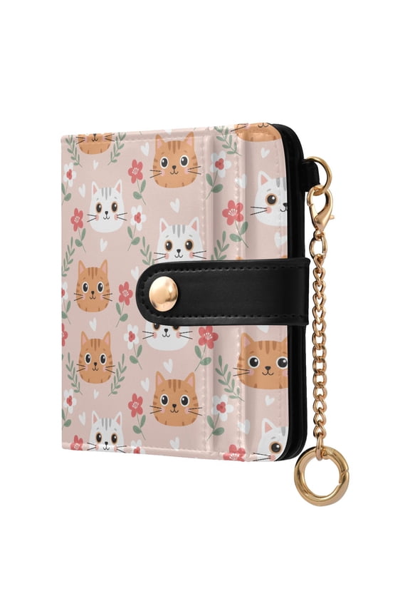 Kitten Flower Pattern Small Wallet for Women RFID Blocking Bifold PU Leather Credit Card Holder with Zipper Coin Pocket Compact Cute Travel Purse Magnetic Snap 7 Card Slots