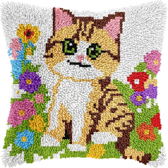 Kitten & Flowers Latch Hook Pillow Kits DIY Pillowcase Crochet Hook Cushion Making Kits with Preprinted Pattern Canvas Instruction Yarns Pillow Cover Easy Starter DIY Kits 43x43cmk126)