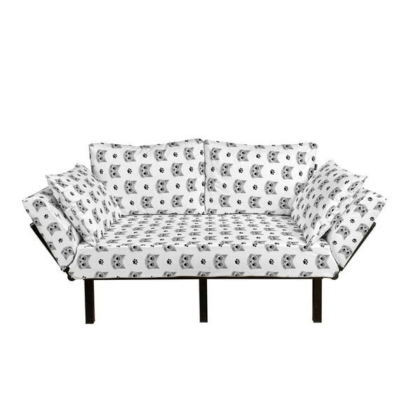 Kitten Futon Couch, Cat Faces with Paw Footprint Animal Love My Pet Illustration, Daybed with Metal Frame Upholstered Sofa for Living Dorm, Loveseat, Grey Charcoal Grey White, by Ambesonne