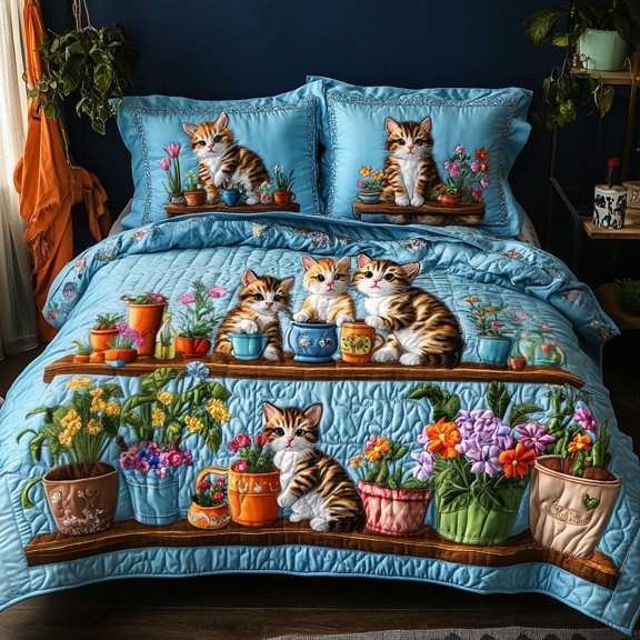 Kitten Garden Party 3-Piece Quilted Bedding Set