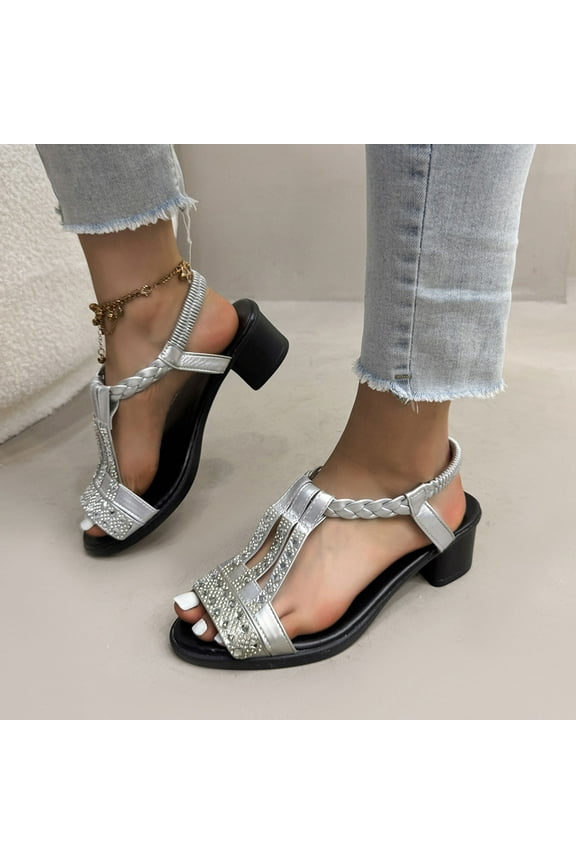 Kitten Heel Sandals Block Heel Design Low Heel Design Peep Toe Design Open Toe Design Rhinestone Decoration Beach Vacation Wear Sandals Women