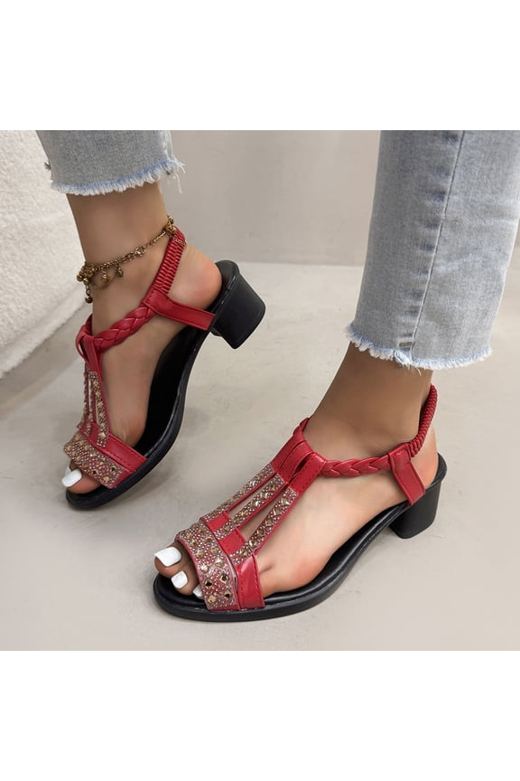 Kitten Heel Sandals Block Heel Design Low Heel Design Peep Toe Design Open Toe Design Rhinestone Decoration Beach Vacation Wear Sandals Women