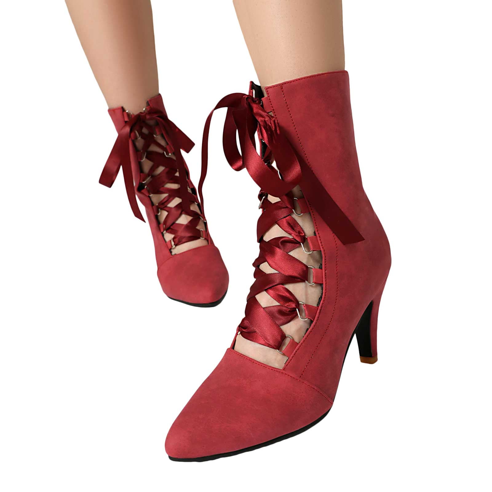 Kitten Heels Combat Boots for Women Ladies Vintage Ribbon Lace up Mid Calf Dress  Ankle Booties Cocktail Party - Walmart.com