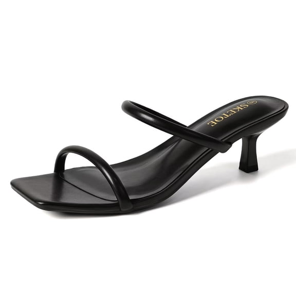 Kitten Heels for Women Comfortable Two-Strap Open Toe Sandals Square Toe Heels