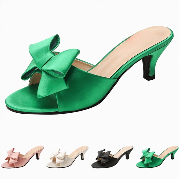 Kitten Heels for Women Open Round Toe Classic Bow Sandals Slip on Mules Wedding Party Dressy Summer Comfortable Shoes Beige Size 8.5