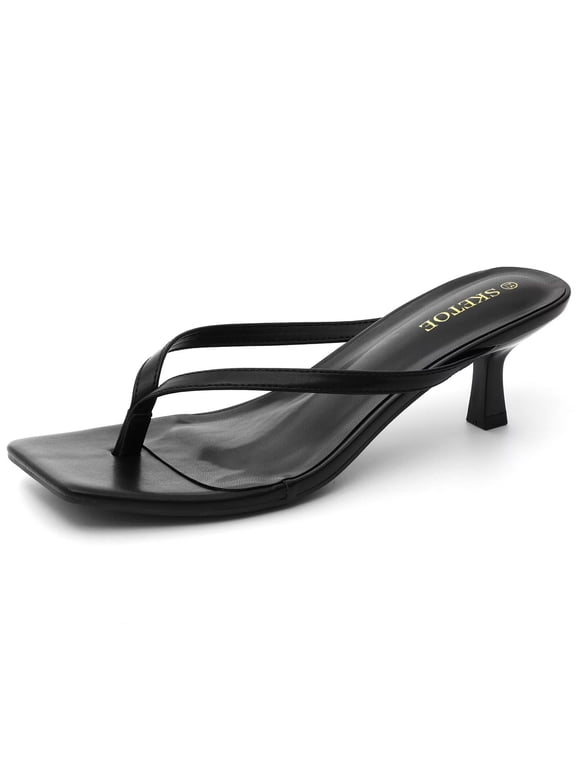 Kitten Heels for Women Square Toe Sandals Flip Flop Heels Thong Sandals 2 Inch Heels Sandals Black