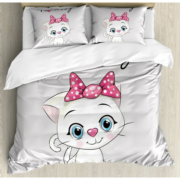 Kitten King Size Duvet Cover Set, Cute Cartoon Domestic White Cat Pink Cheeks Fluffy I Love My Pet Themed Print, Decorative 3 Piece Bedding Set with 2 Pillow Shams, Grey White Pink, by Ambesonne