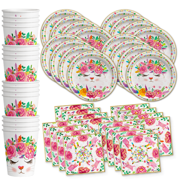 Kitten Kitty Cat Floral Birthday Party Supplies Set - Floral Kitty Party Supplies - Cat Birthday Party for Girl - Spring Party Supplies - Boho Party Supplies - Tableware Kit for 16