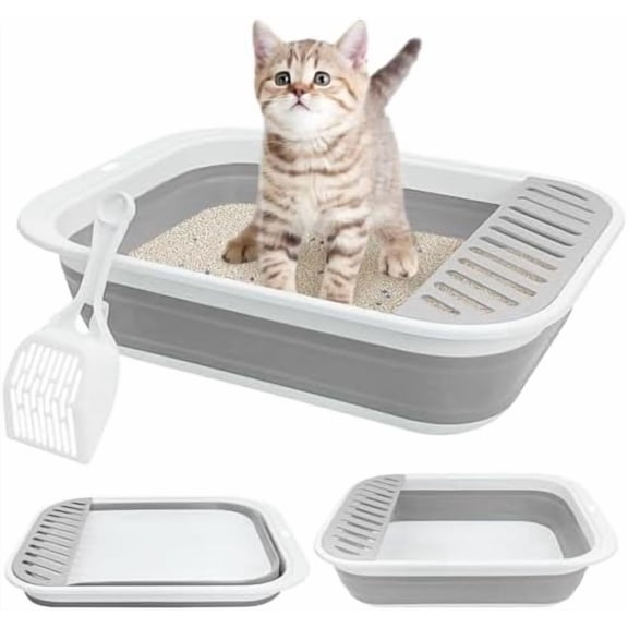Kitten Litter Box Portable Shallow Litter Box 17.7"x13.4"x4.9" Foldable Cat Toilet with Scoop Open Kitty Potty Pan with Litter Drop Pedal Easy to Clean Travel Kitten Toilet(Gray)