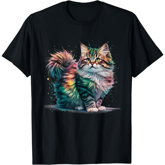 Kitten Maine Coon Persian Siberian Colourful Watercolour Cat Lover Unisex T-Shirt for Men Women Kids Toddler,Black Color,Size 4XL