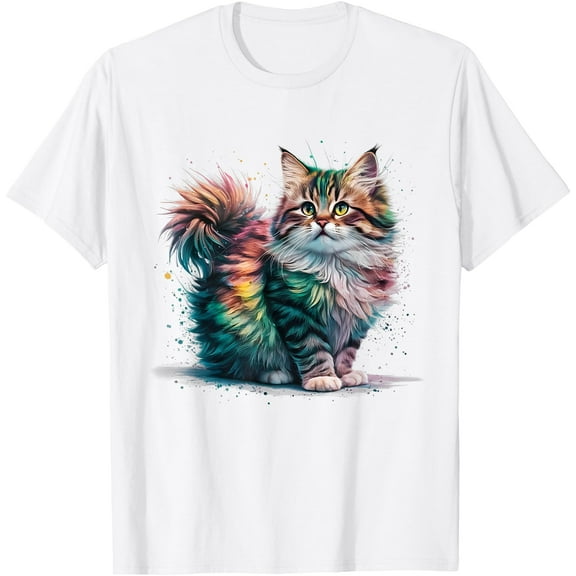 Kitten Maine Coon Persian Siberian Colourful Watercolour Cat Lover Unisex T-Shirt for Men Women Kids Toddler,White Color,Size 5XL