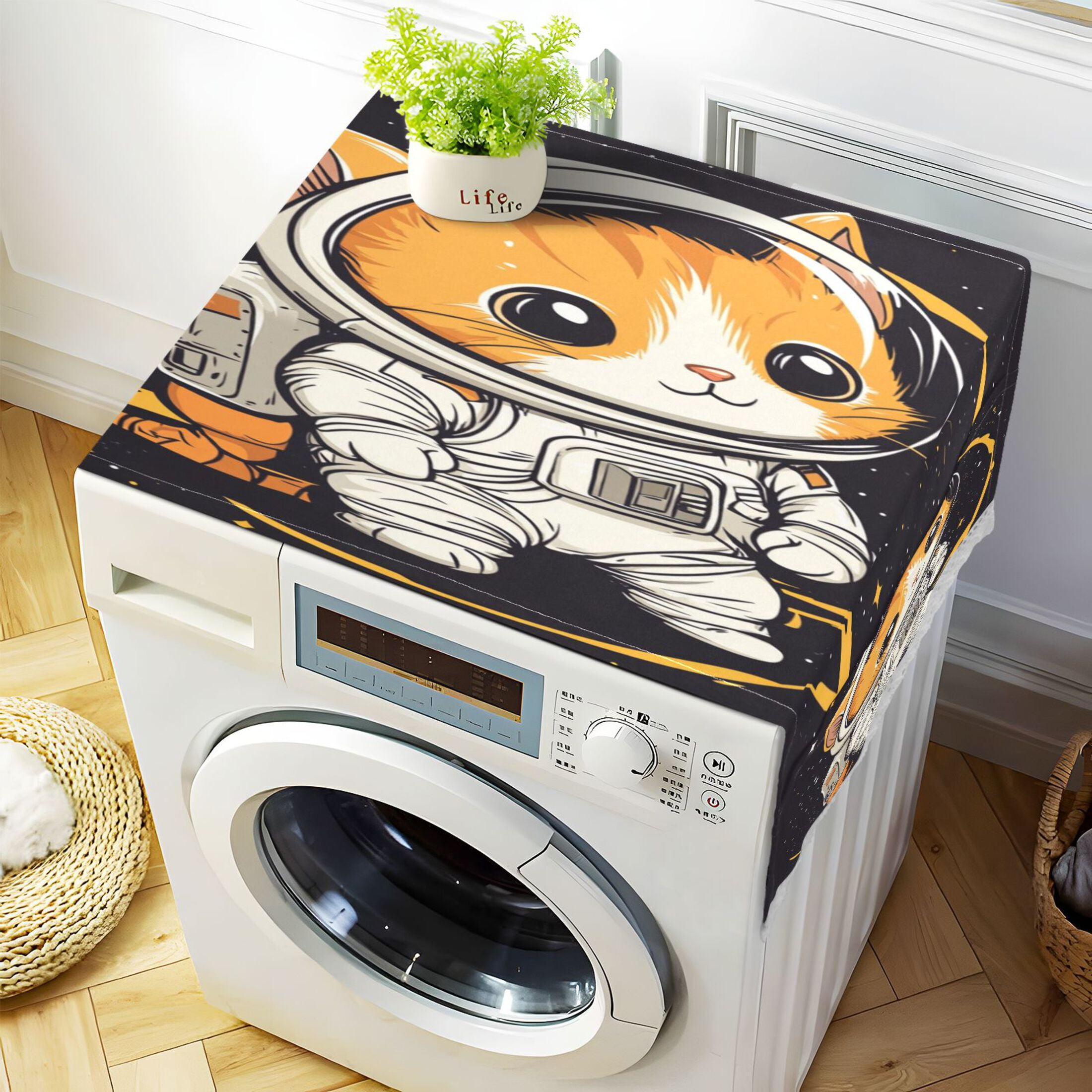 A Kitten in Outer SpaceWasher and Dryer Covers Dust-Proof and Oil Resistant Fridge Cover with 4 Storage Pockets Washing Machine Top Cover for Laundry Kitchen Home 51.2 x 22 In