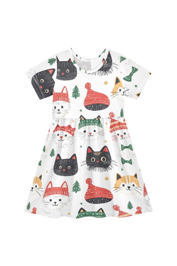 Kitten Pattern Girls Short Sleeve Dress A Line Sun Protection Breathable Comfort Sundress 3T