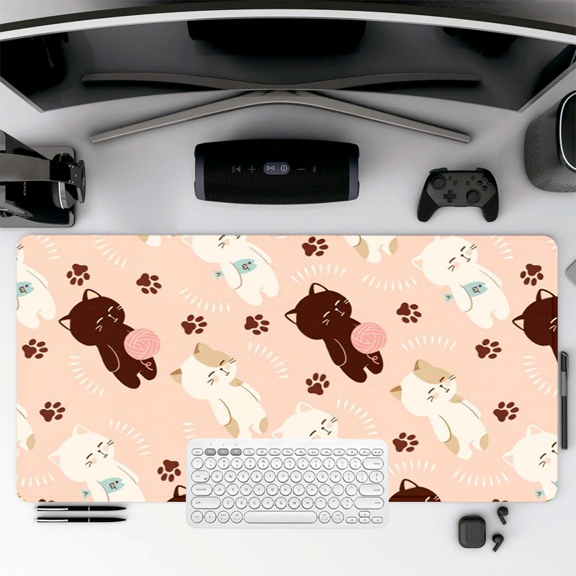 Kitten Pattern Mouse Pad 35.4 x 15.8 inches Rubber Desk Mat with Cute Cats and Paw Prints for Office, Home, Gaming