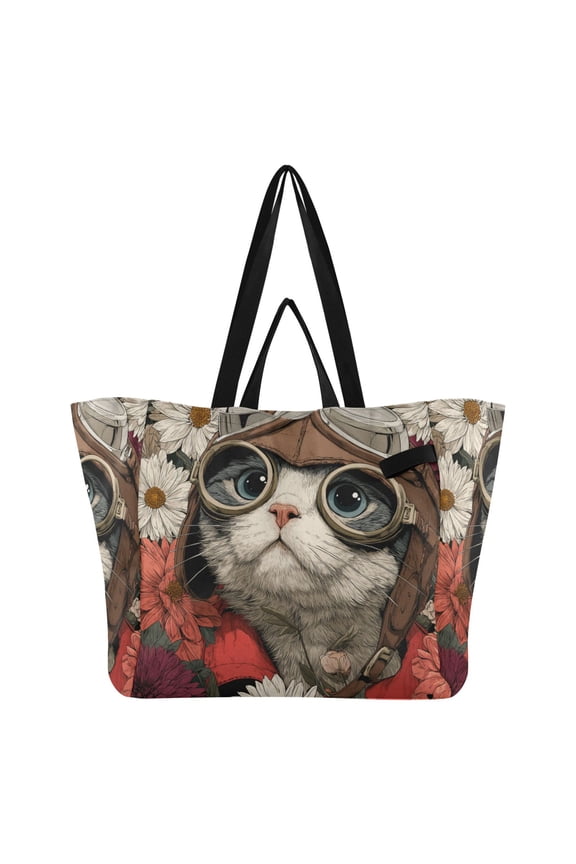 Kitten Pilot Canvas Tote Bag Large Capacity Reusable Tote with Double Handles, Foldable Heavy Duty Shopping Beach Laundry Bag, 32L