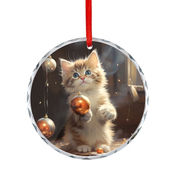 Kitten Playing Christmas Balls Crystal Glass Christmas Ornament Appreciation Gift for Xmas Friend Bestie Nurse Teacher Mentor Boss Coworker Cat Lover Gifts for Women Round Glass Hanging Ornament